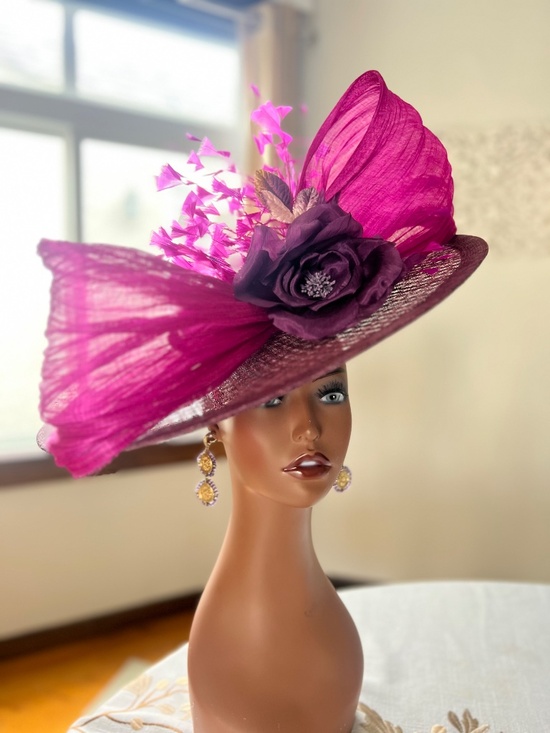 Fuchsia Pink and Deep Purple Hat Fascinator with Abaca Silk oversized bow and 10 main image 4